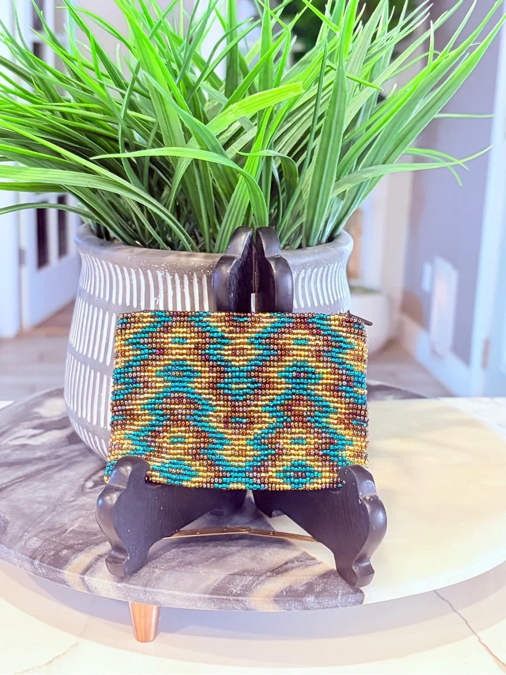 Handcrafted Beaded coin Pouch in Teal, Gold & Brown